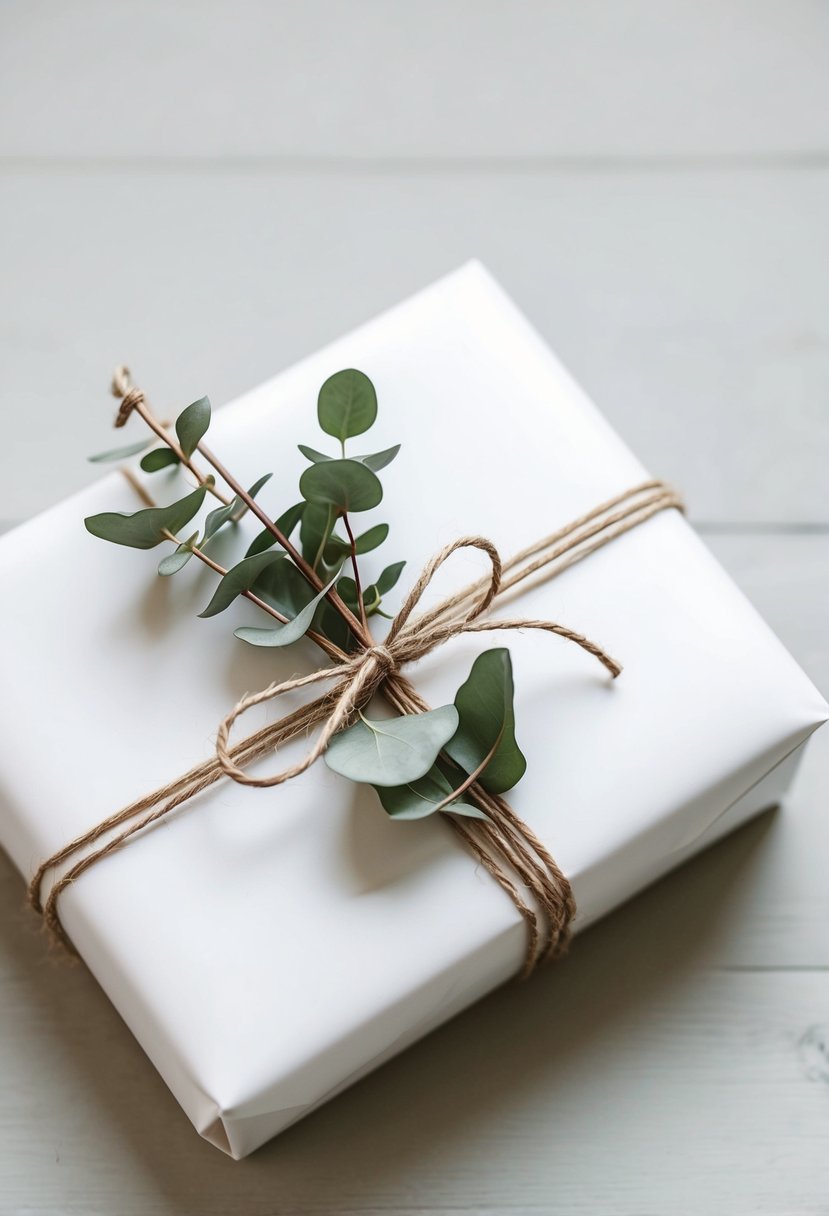 A simple, elegant gift wrapped in white paper with eucalyptus sprigs tied with twine