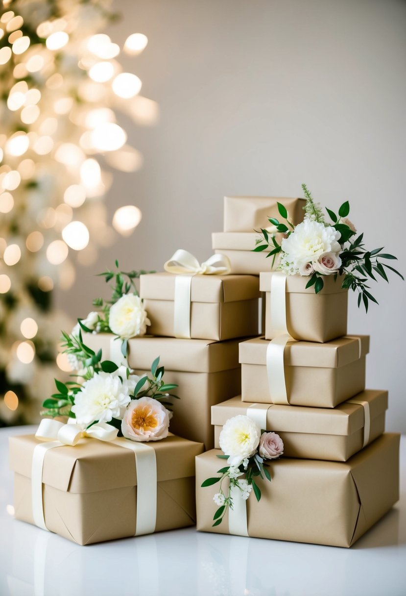 Gifts stacked and wrapped with elegant paper and ribbon, adorned with floral accents for a wedding