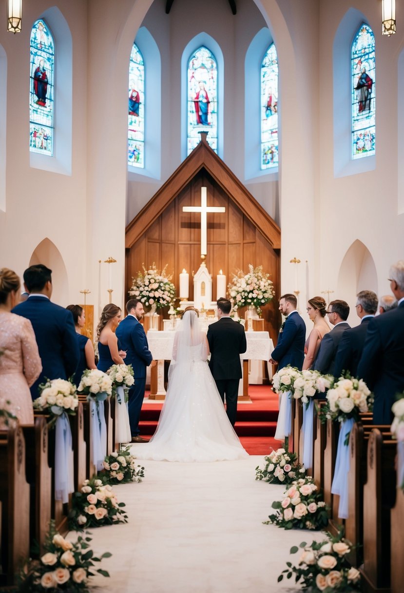 A beautiful church ceremony with floral decorations and soft lighting