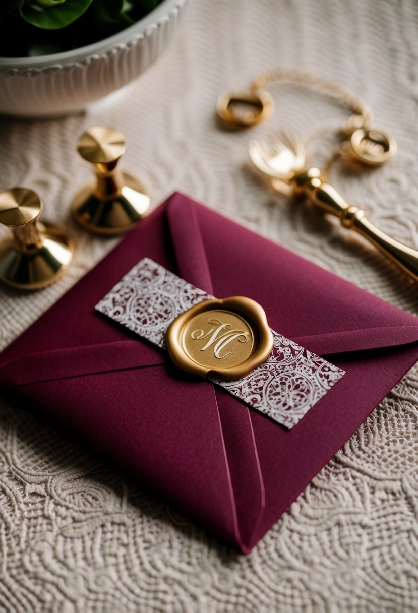 A burgundy envelope with a gold wax seal, adorned with intricate patterns and a personalized monogram, adding an elegant touch to the wedding gift wrapping