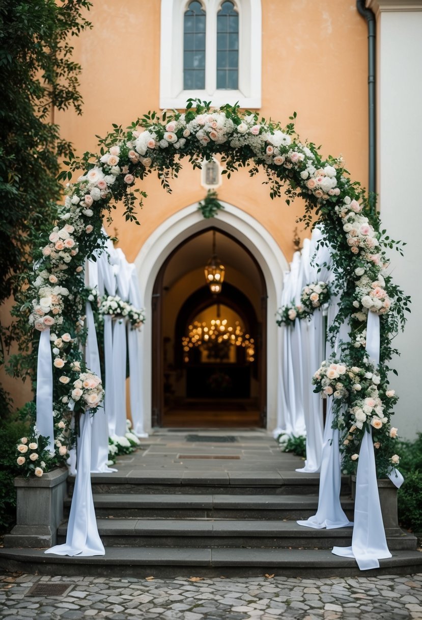 An archway of white sashes and flowers adorns the entrance of a quaint church, creating a romantic and elegant atmosphere