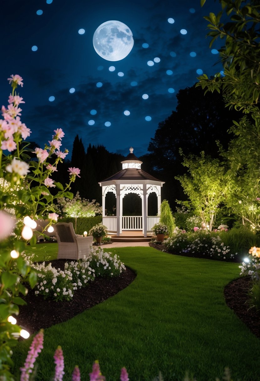 A moonlit garden with twinkling lights, blooming flowers, and a romantic gazebo for a night wedding