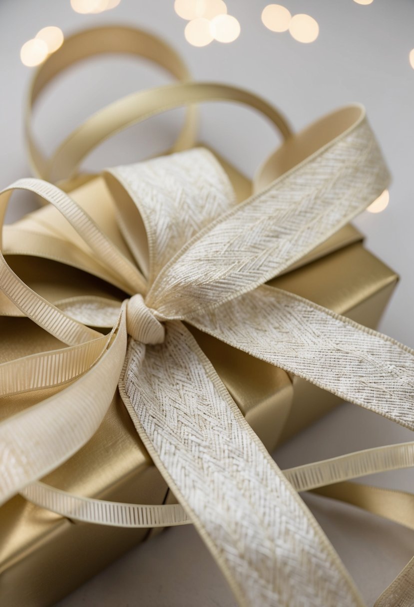 Ribbons intertwine, varied in texture and width, creating an elegant and intricate design for wedding gift wrapping