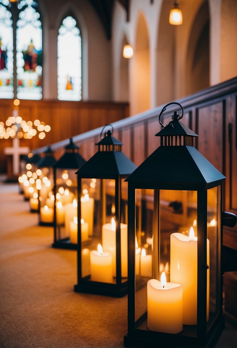 Lanterns with lit candles line the church aisle, casting a warm and romantic glow for a wedding ceremony