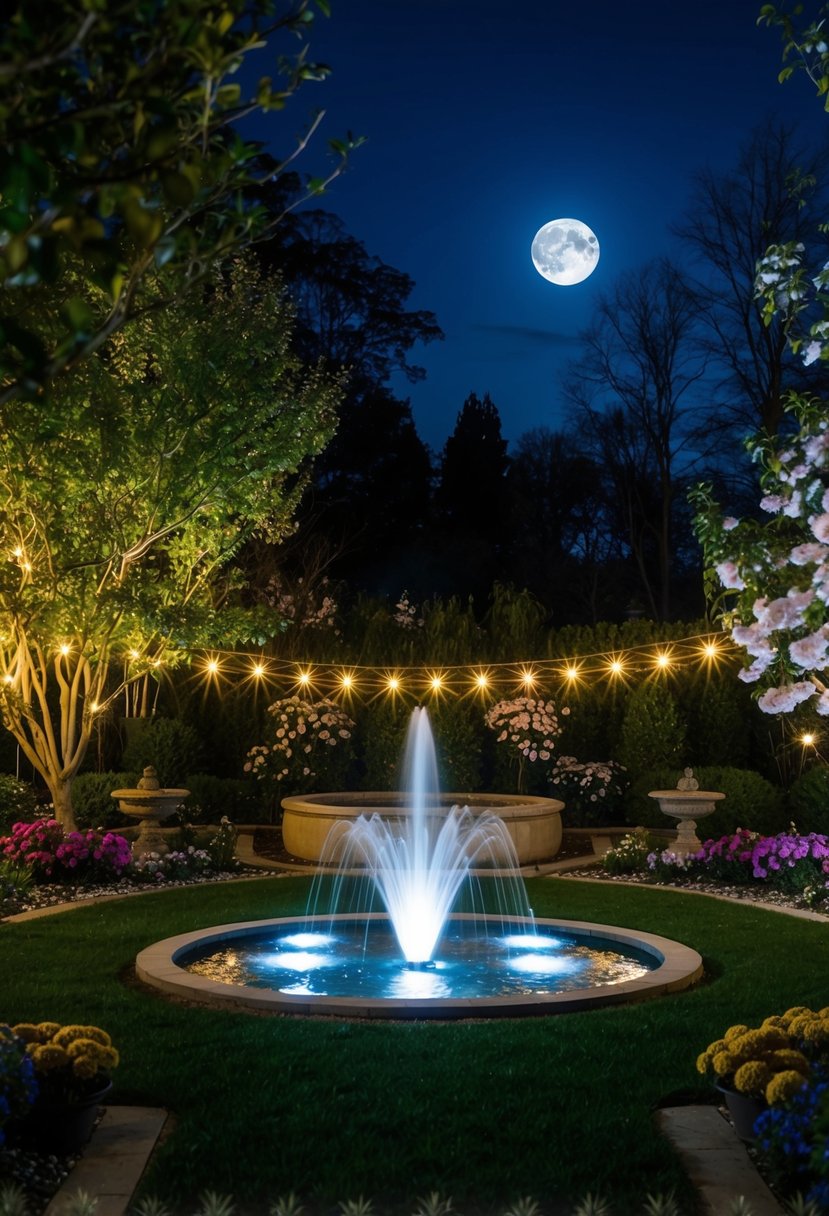 A moonlit garden with twinkling lights, blooming flowers, and a serene fountain