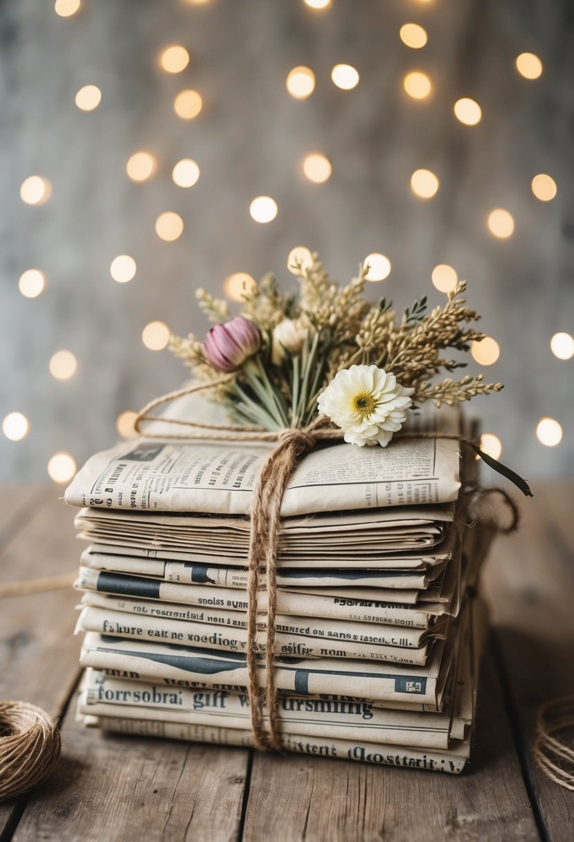 A stack of vintage newspapers arranged with twine and dried flowers for wedding gift wrapping