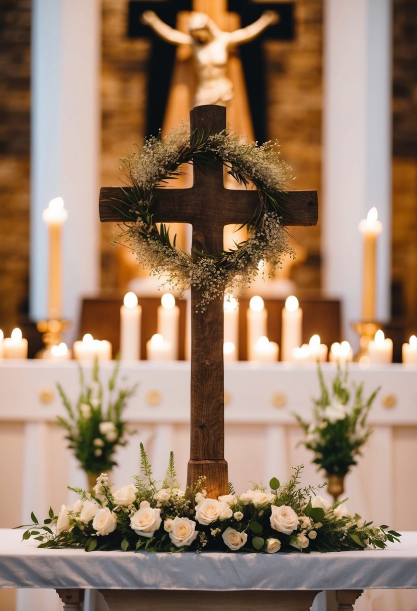 A rustic wooden cross stands at the center of the altar, adorned with delicate flowers and surrounded by flickering candlelight