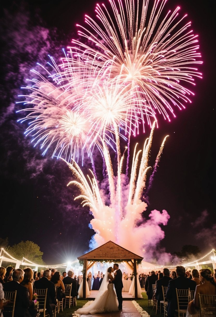 Colorful fireworks burst in the night sky, illuminating the wedding venue with a dazzling display for the grand finale