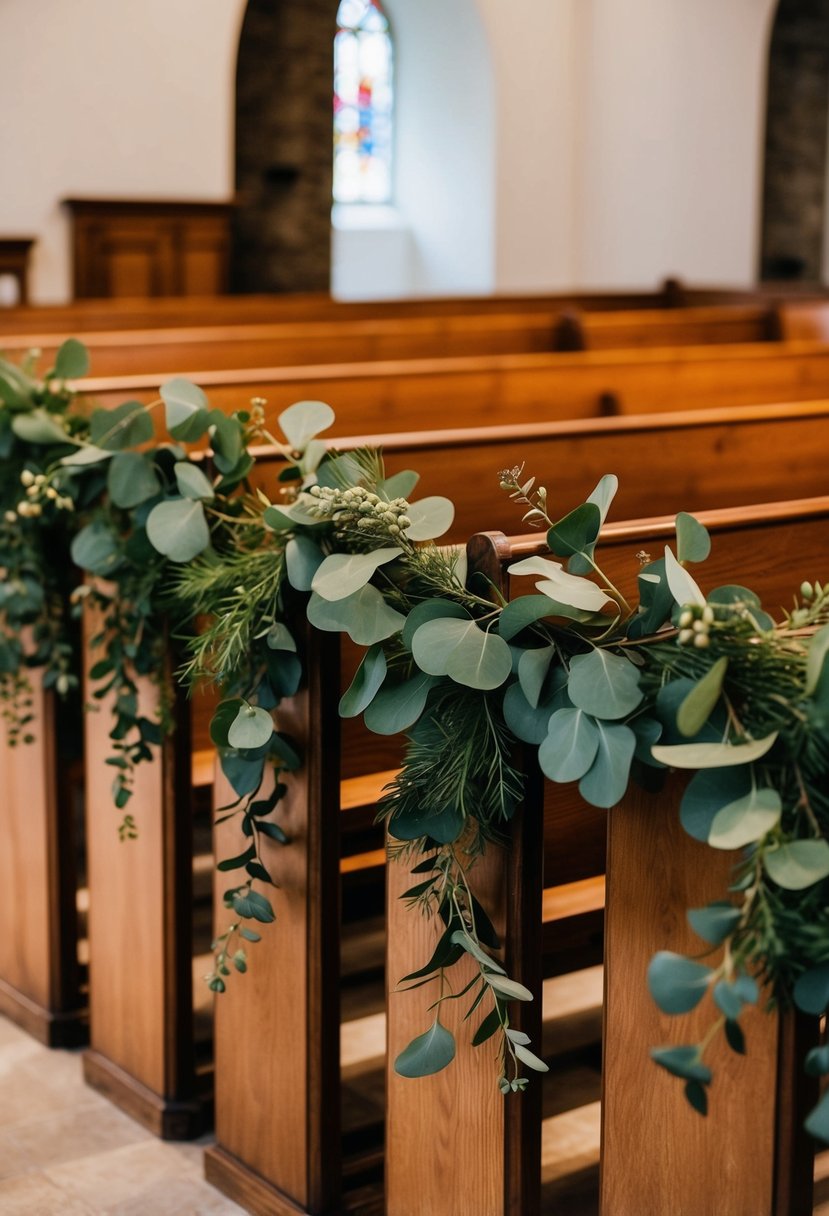 Eucalyptus garlands draped over wooden church pews for a wedding ceremony