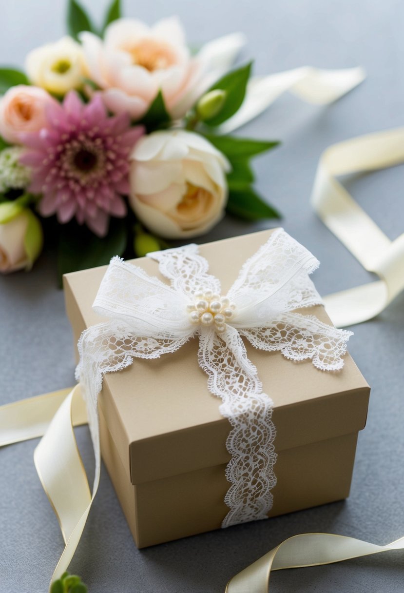 A delicate lace ribbon is elegantly tied around a box, adorned with soft flowers and ribbons