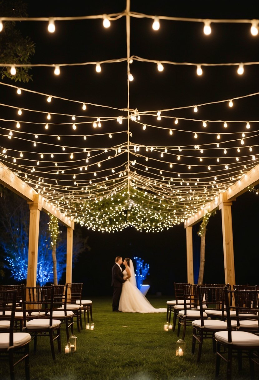 A canopy of string lights illuminates an outdoor wedding scene at night, creating a romantic and enchanting atmosphere