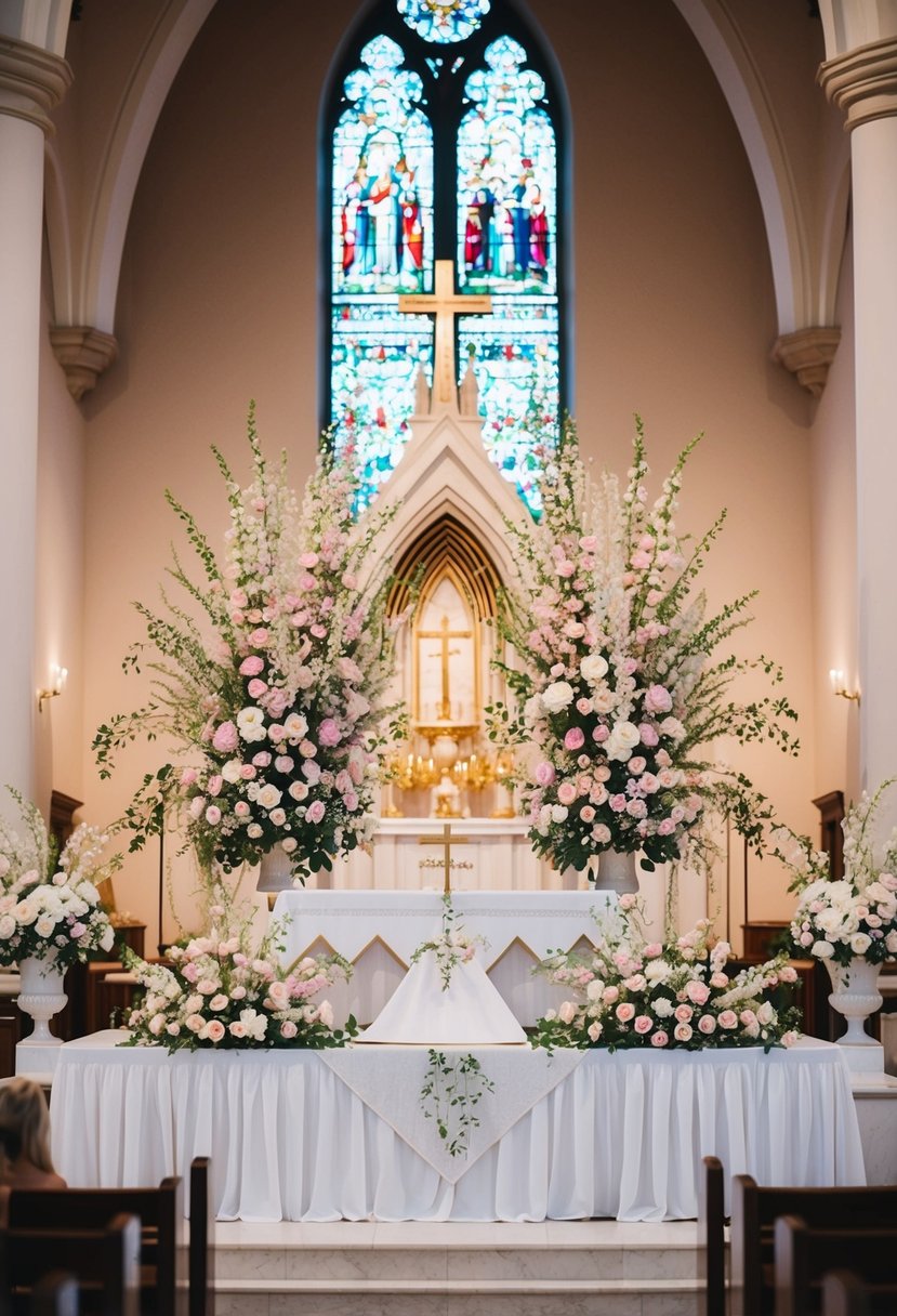 A large, elegant floral altar arrangement with pastel blooms adorns the front of a church, creating a romantic and serene atmosphere for a wedding ceremony