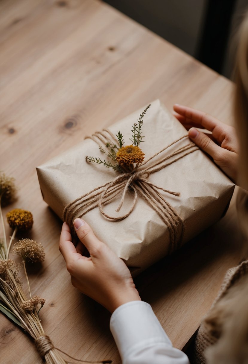 A pair of hands carefully wrap a wedding gift in recycled paper, adorned with natural twine and dried flowers for an eco-friendly touch