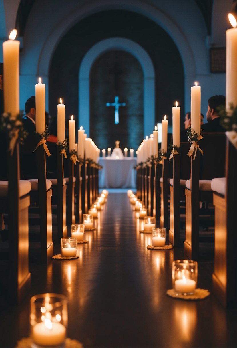 A dimly lit aisle with flickering candles leading towards an altar