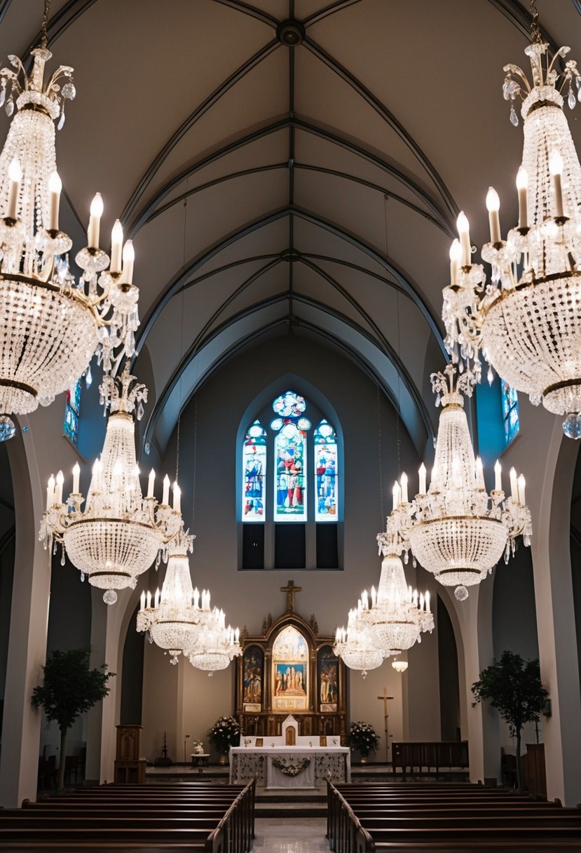 Crystal chandeliers hang from high ceilings in a grand church, casting a sparkling, elegant glow over the pews and altar