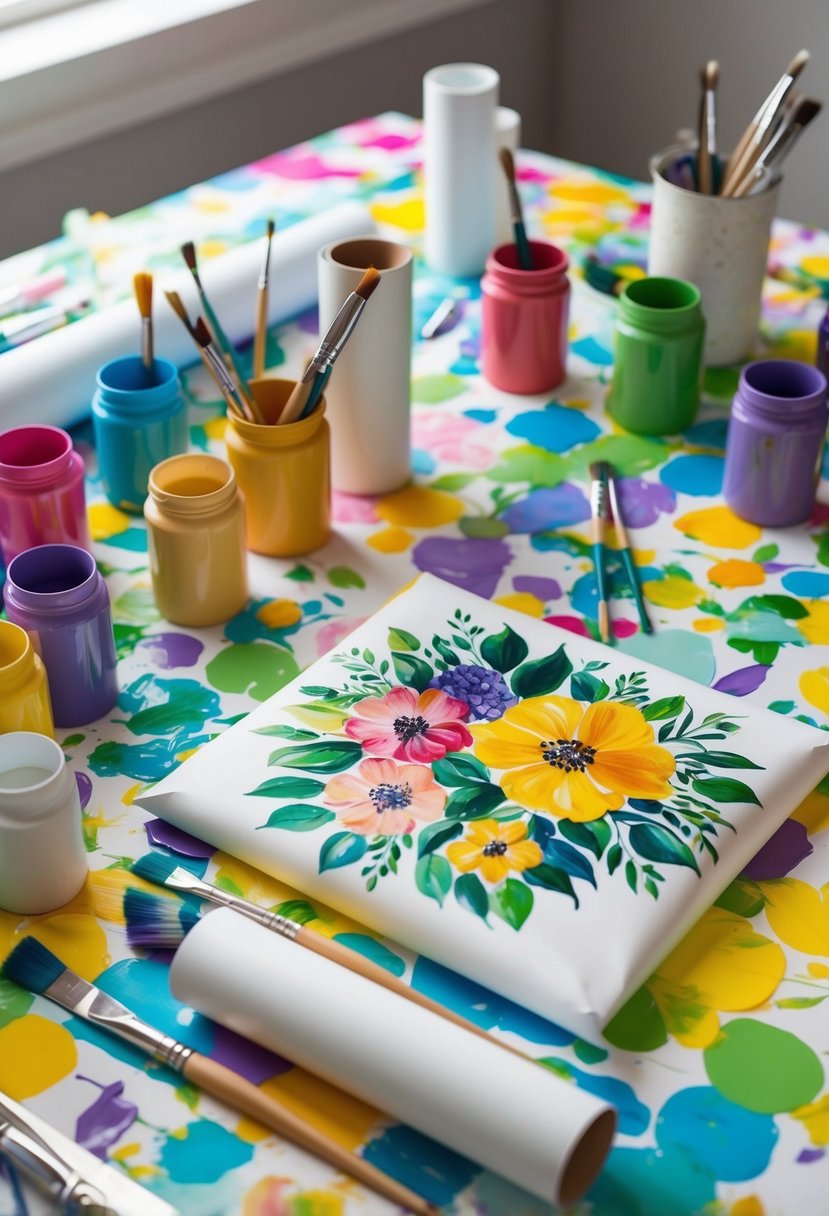 A table covered in colorful paints, brushes, and rolls of plain gift wrap. A finished piece showcases intricate hand-painted designs of flowers and leaves