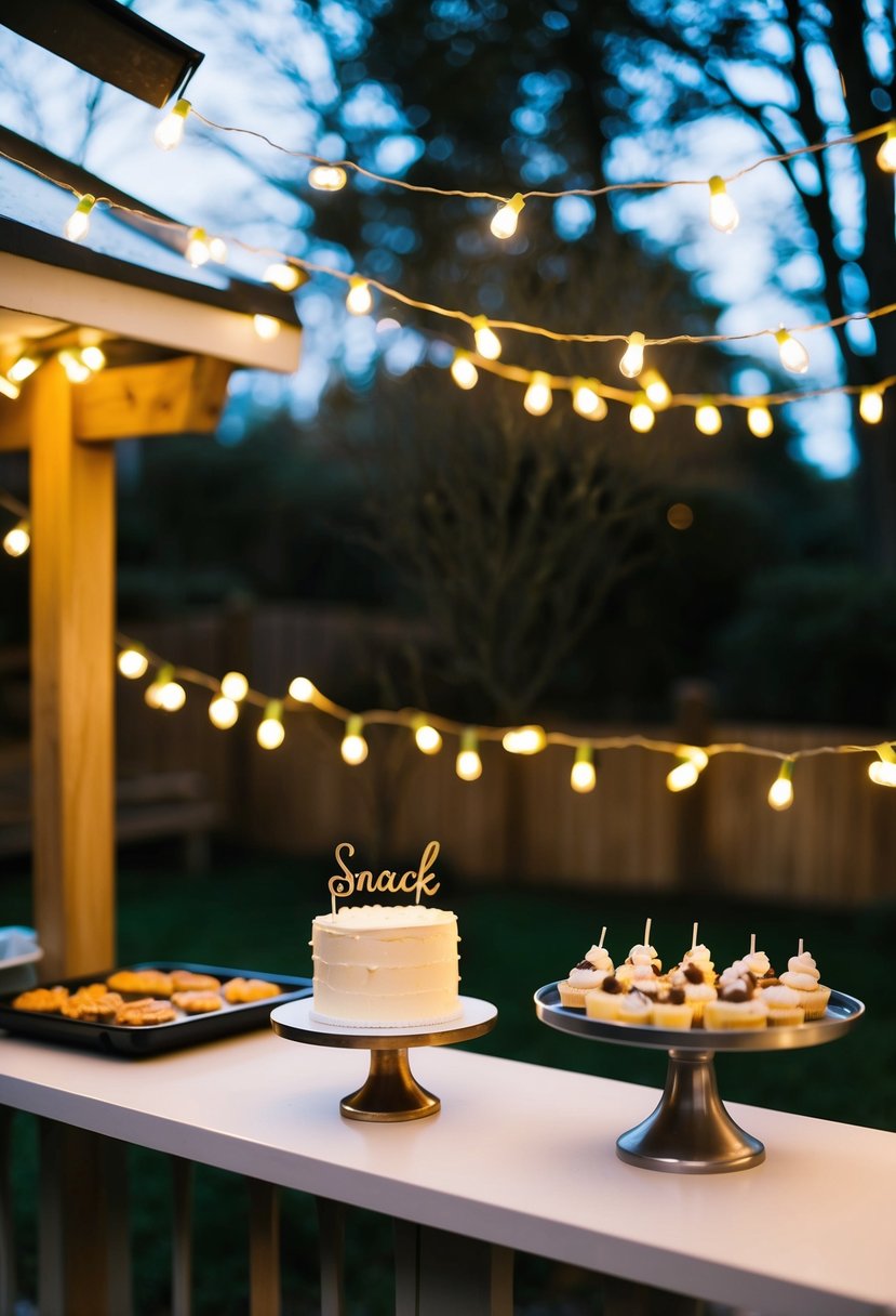 A cozy outdoor snack bar lit by fairy lights, with a small wedding cake and trays of desserts