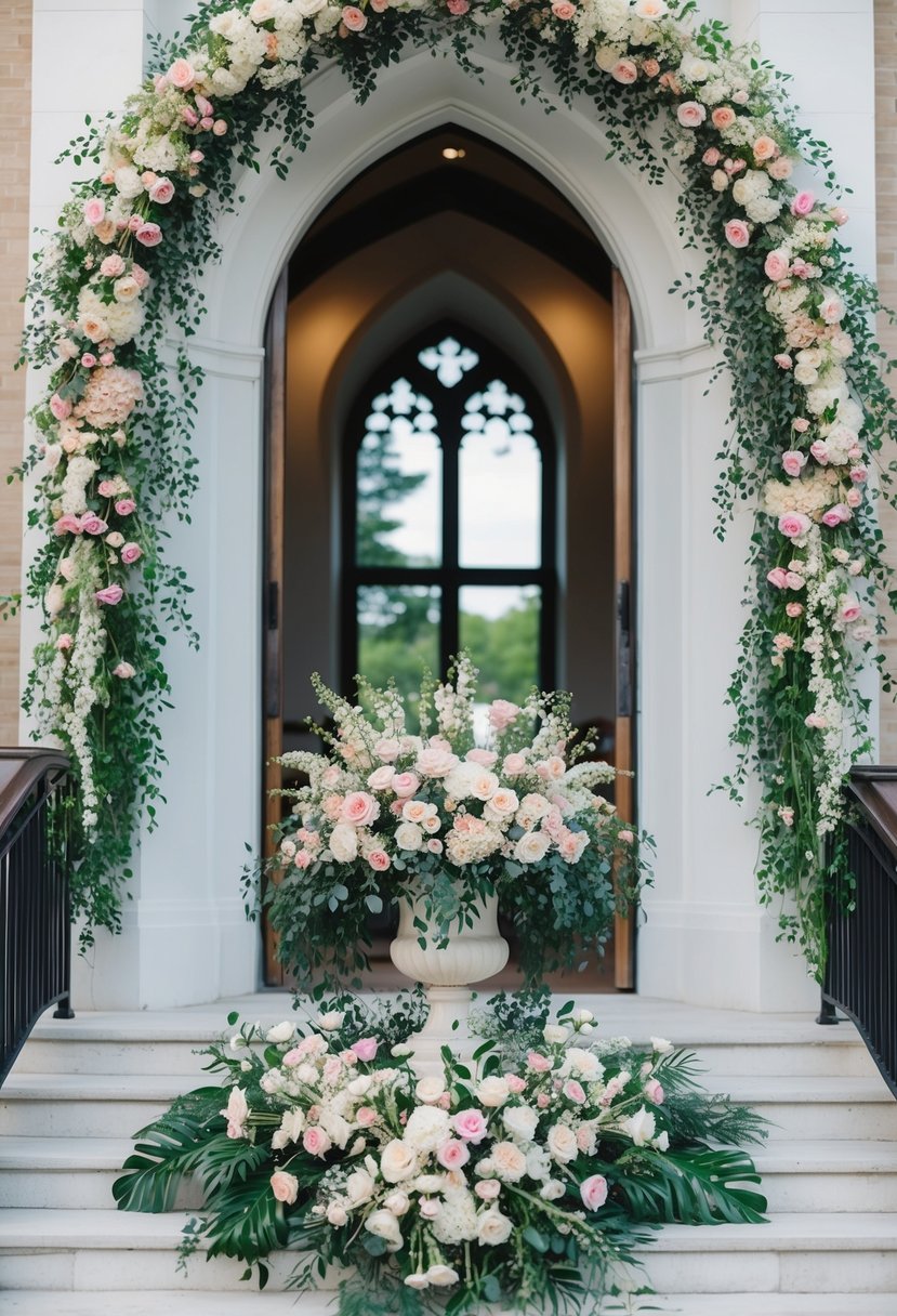 A cascading floral urn adorns the entrance of a church, with vibrant blooms spilling out in a beautiful display of wedding elegance