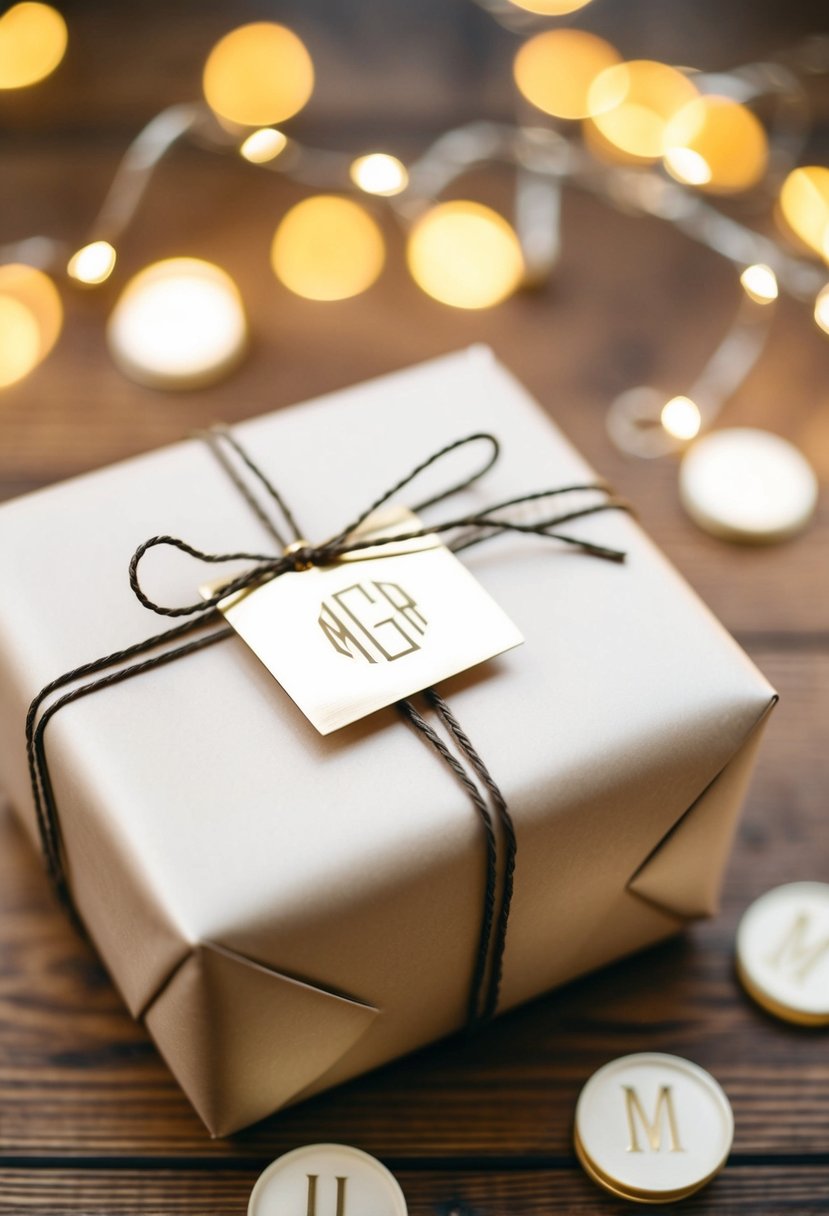 A beautifully wrapped wedding gift with a monogram tag attached for personalization