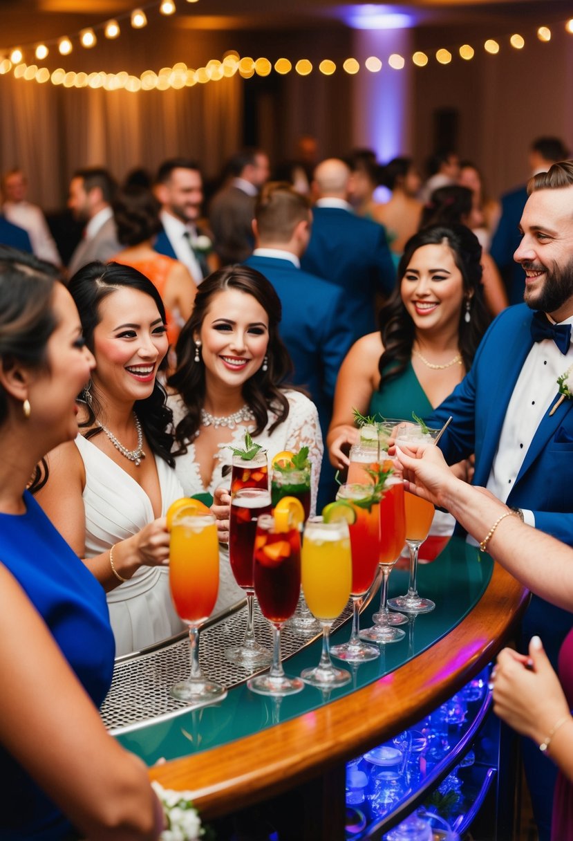 A festive wedding reception with an open bar, filled with colorful cocktails and happy guests mingling and dancing