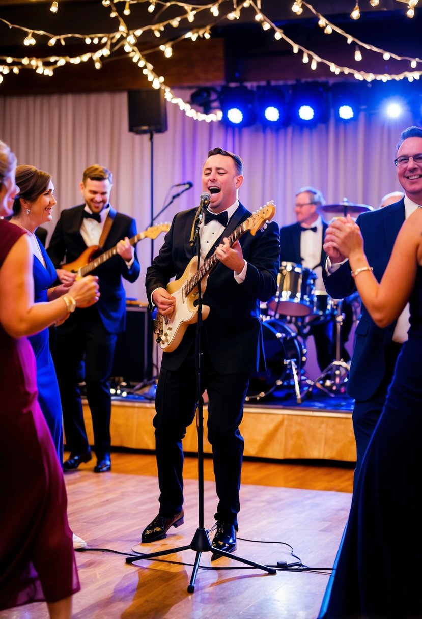 A lively wedding band performs on stage, surrounded by dancing guests and twinkling lights