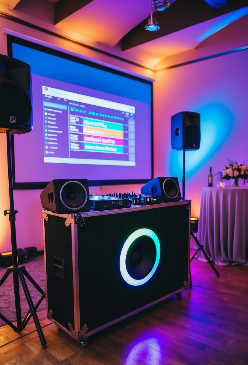 A DJ booth with colorful lights, speakers, and a custom playlist projected on a screen at a lively night wedding