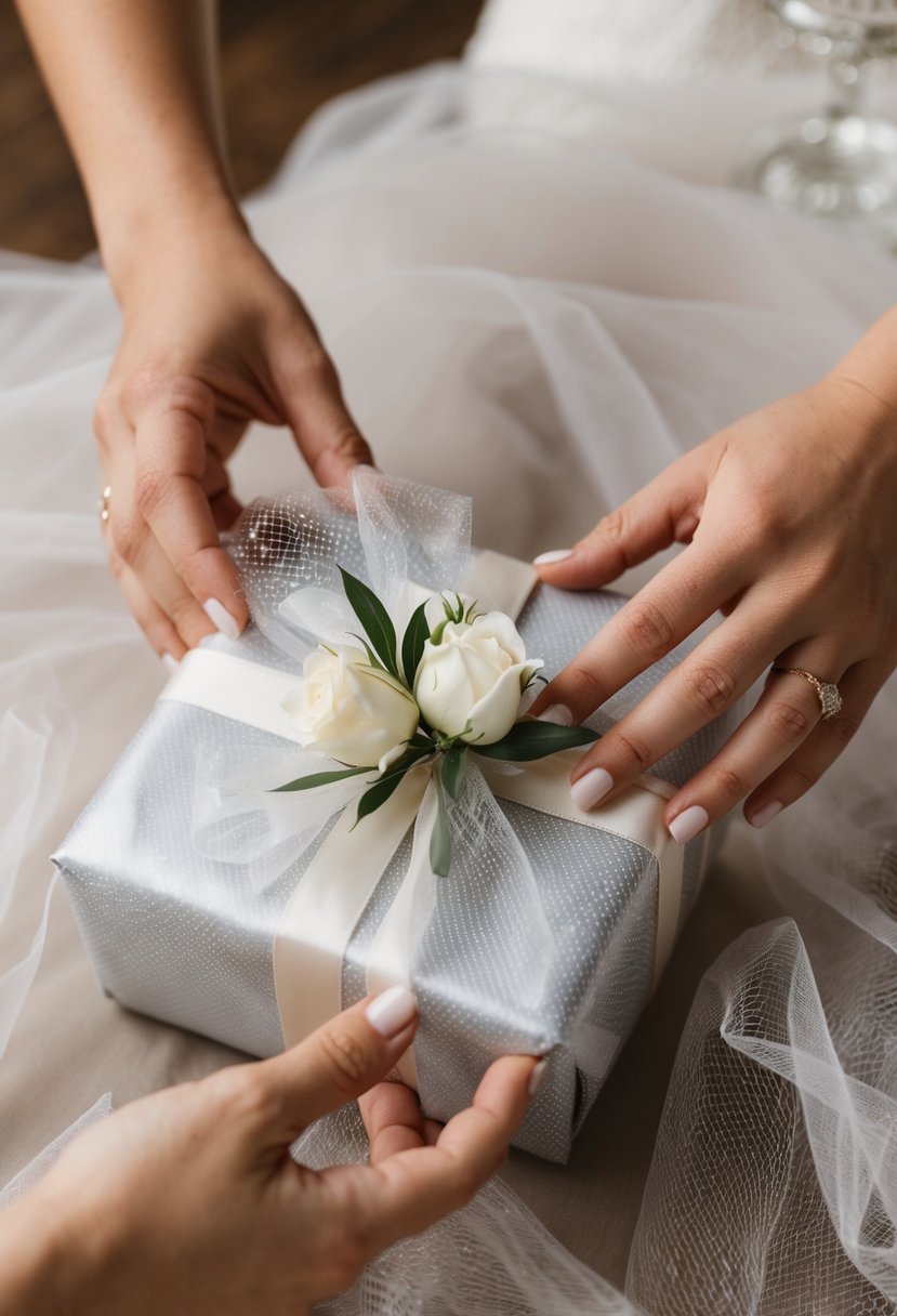 A pair of hands carefully wrap a wedding gift with see-through tulle, adding a delicate and elegant touch to the present