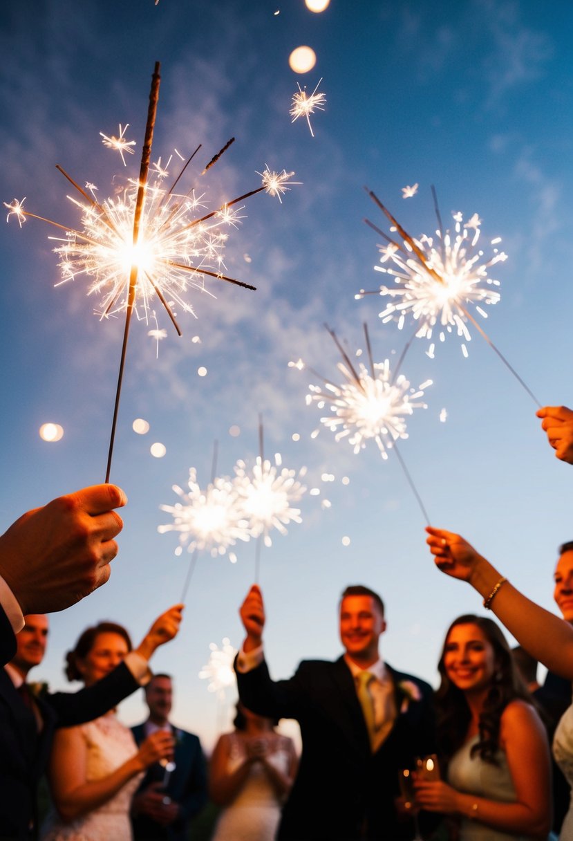 Sparklers light up the night sky at a wedding, guests holding them aloft in celebration