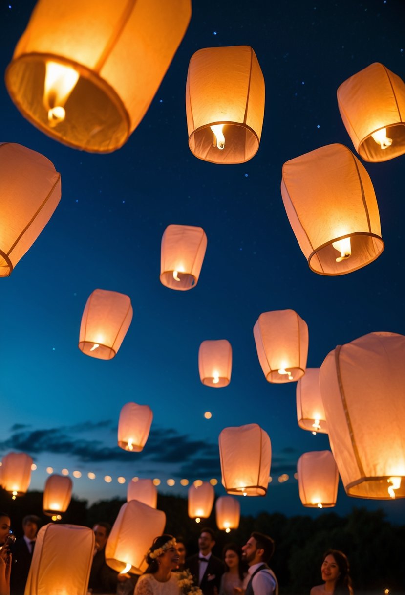 A group of sky lanterns float into the night sky, illuminating the darkness with their warm glow, creating a magical and romantic atmosphere for a wedding celebration