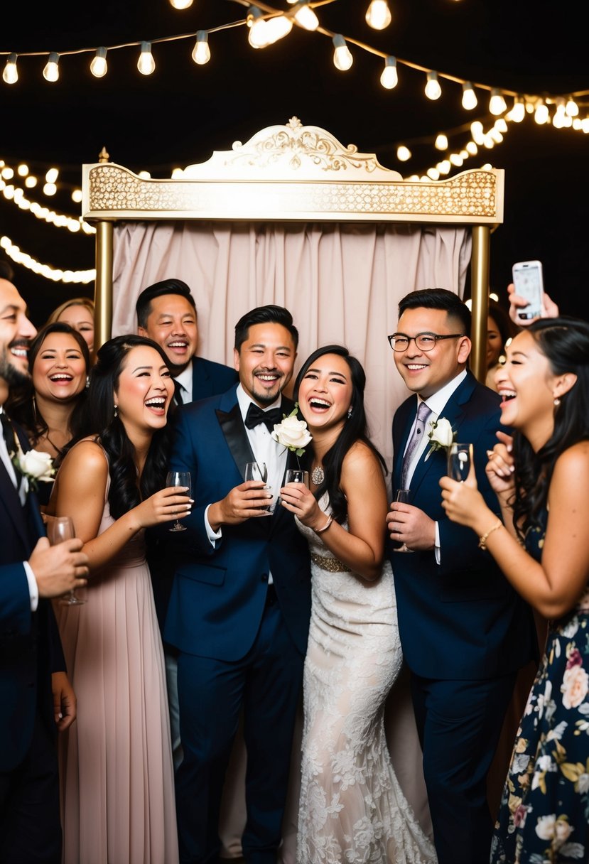 A vintage photo booth at a night wedding, adorned with string lights and draped fabric, surrounded by guests laughing and posing