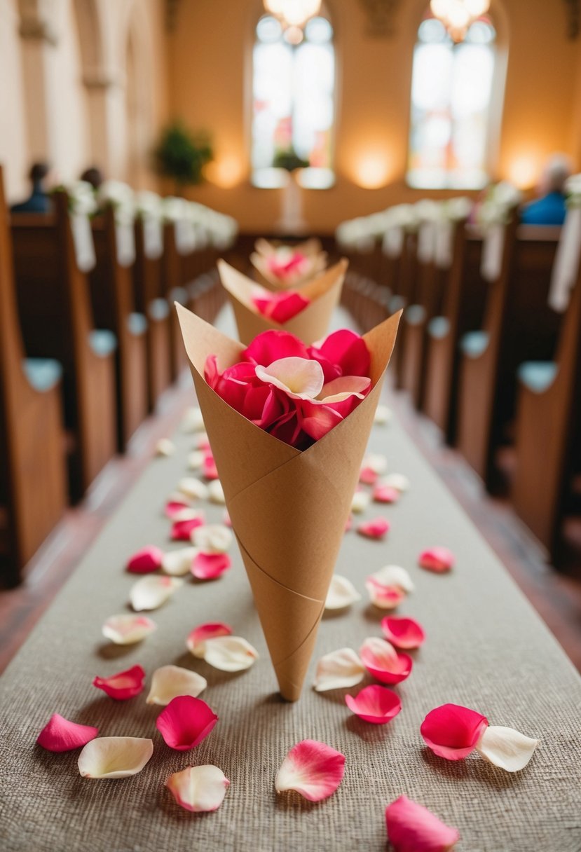 Craft paper cones filled with rose petals arranged along church pews for a romantic wedding ceremony