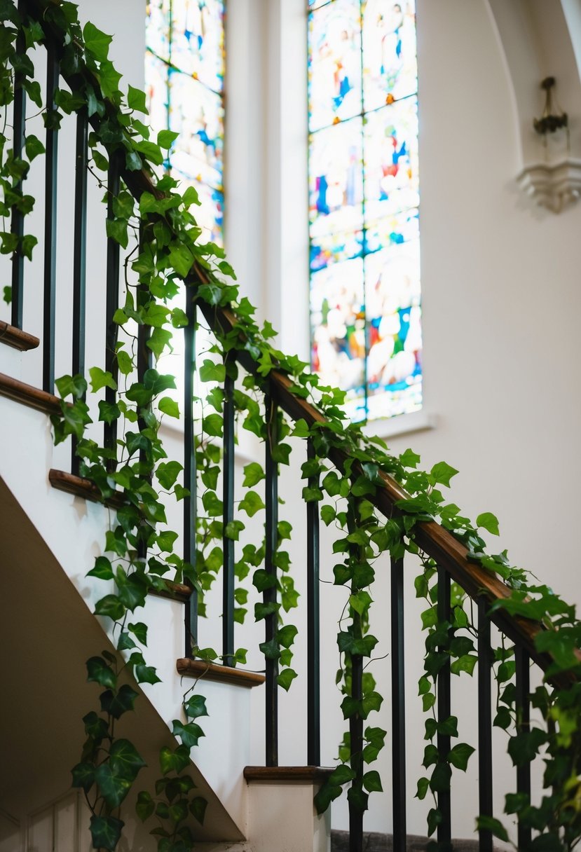 Ivy wraps around the stair railings, creating a natural and elegant look for a church wedding