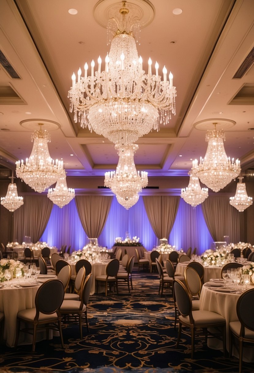 An opulent ballroom adorned with sparkling chandeliers and draped in luxurious fabrics, set for a romantic evening wedding celebration