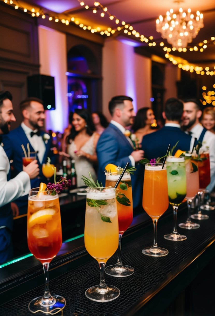 A dimly lit bar with colorful cocktails, fairy lights, and elegant decor. Music fills the air as guests mingle and enjoy the themed wedding celebration