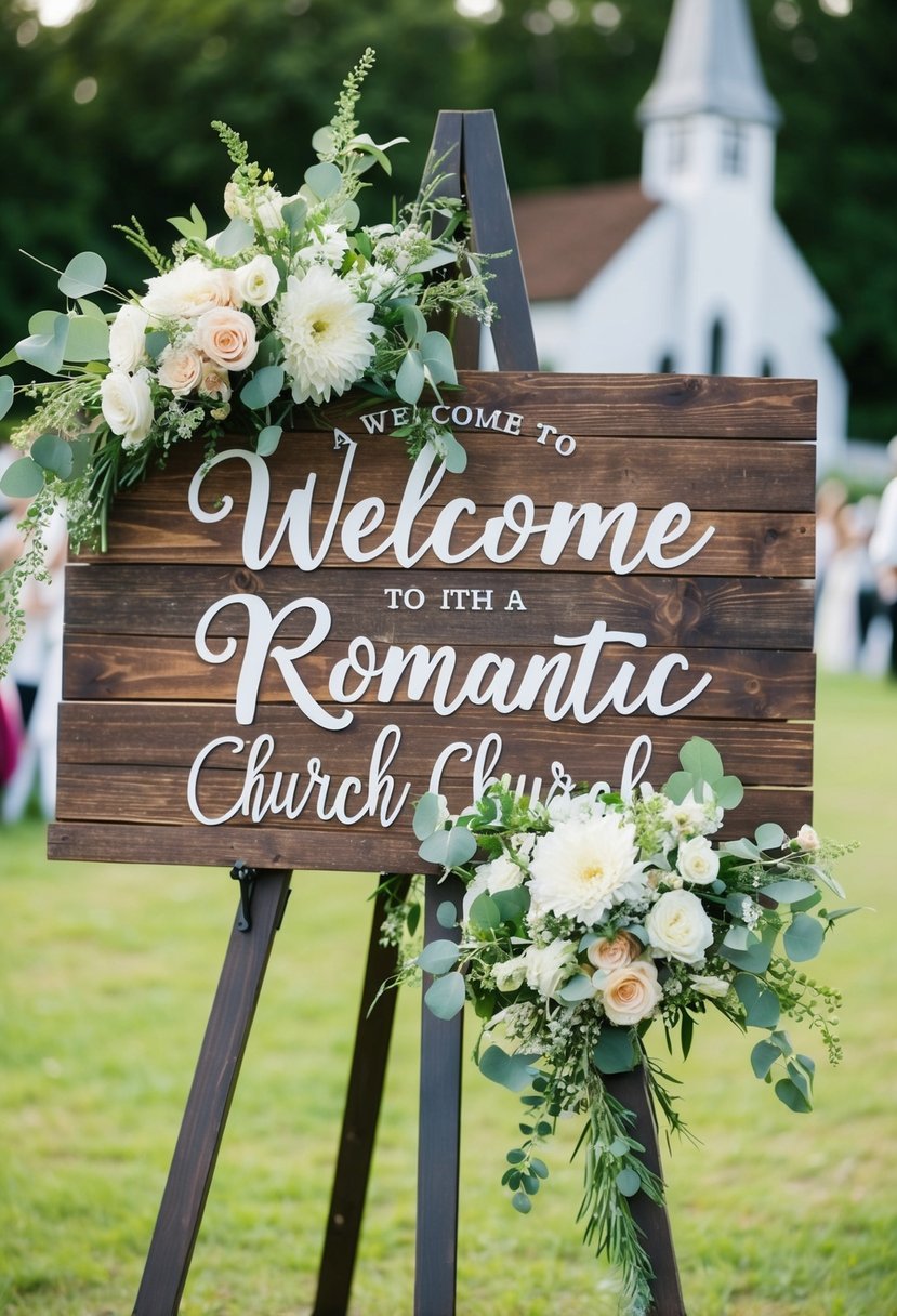 A rustic wooden sign adorned with flowers and greenery, welcoming guests to a romantic church wedding