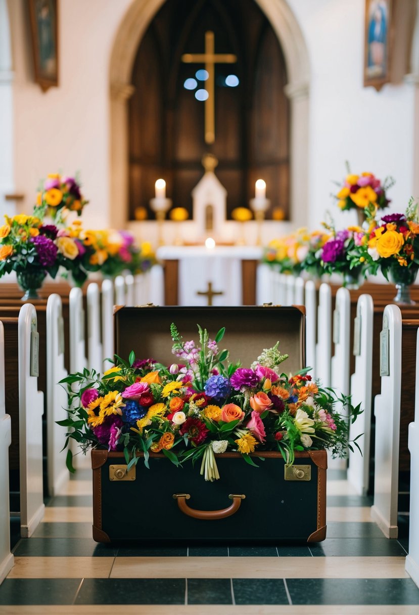 A vintage suitcase overflows with vibrant flowers, positioned at the end of an aisle in a charming church setting