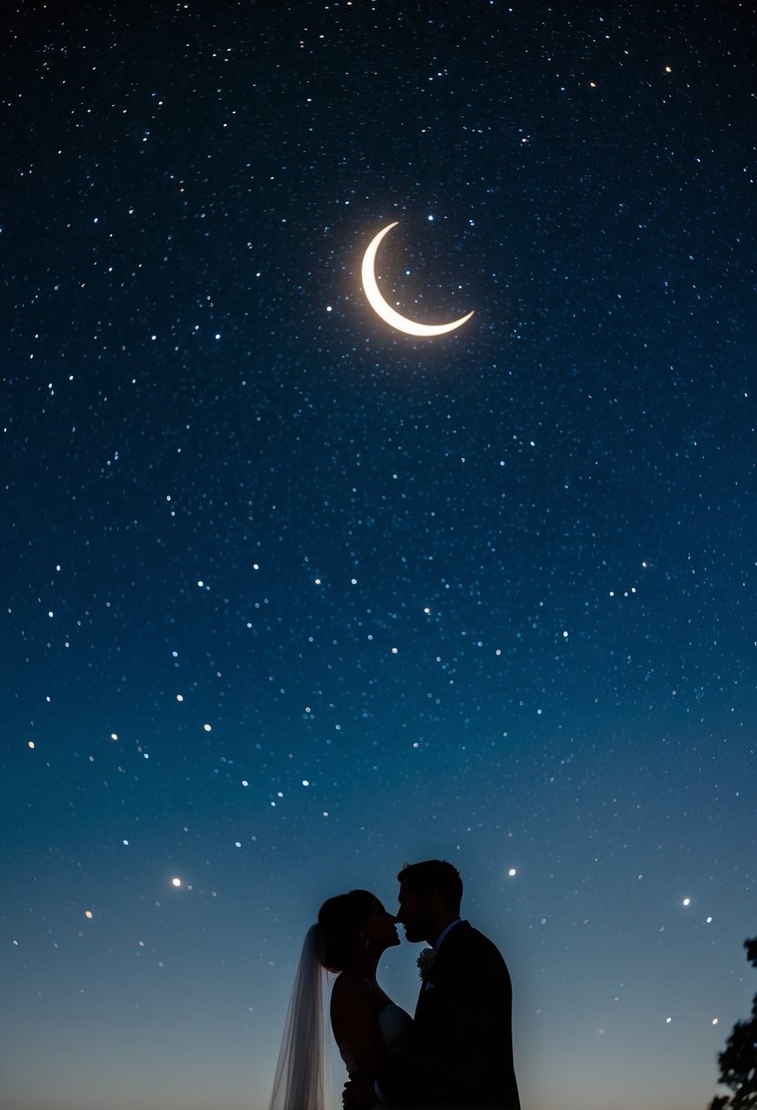 A dark blue sky filled with twinkling stars and a bright crescent moon, creating a romantic and dreamy atmosphere for a night wedding