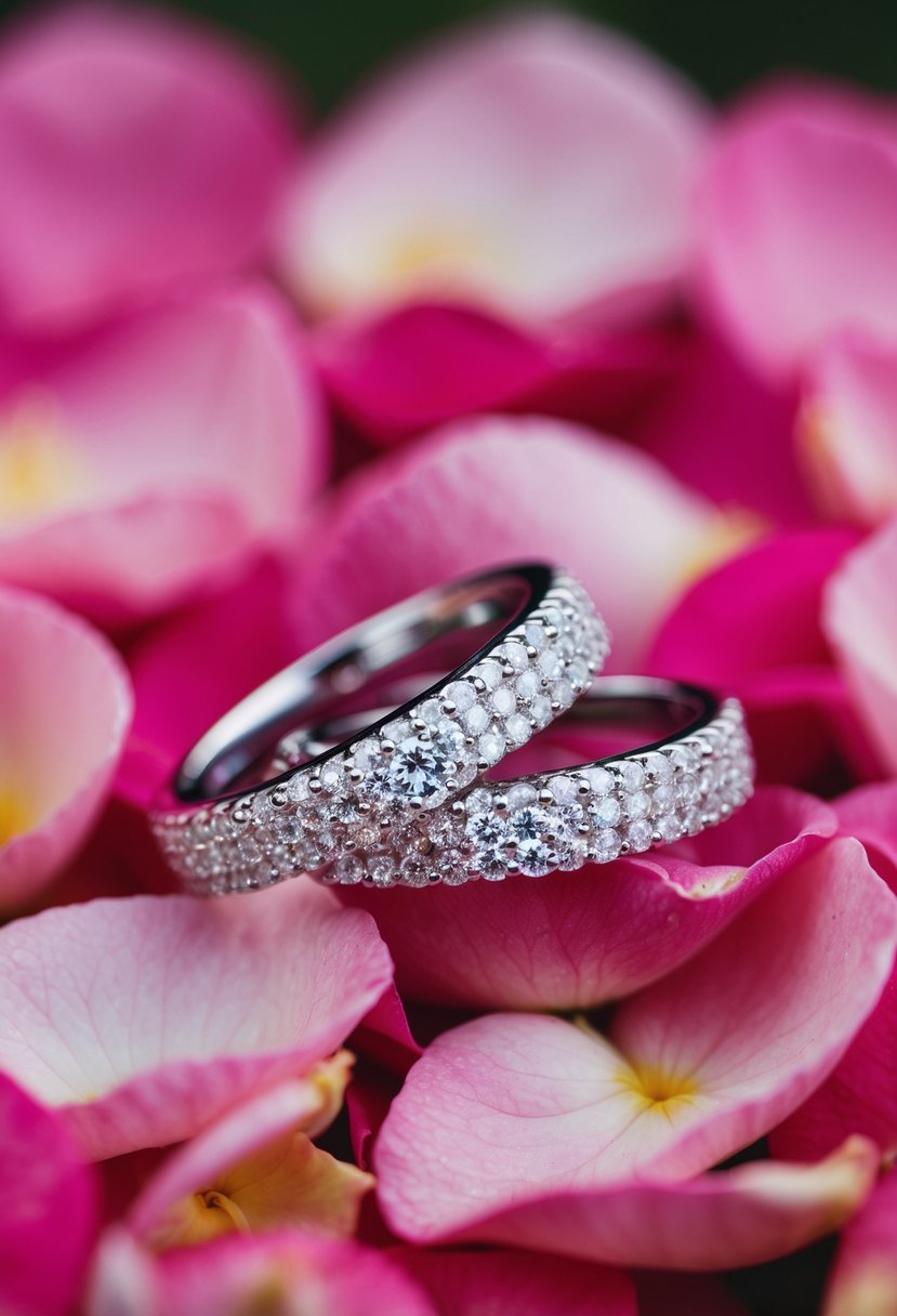 A diamond-studded wedding band rests on a bed of rose petals