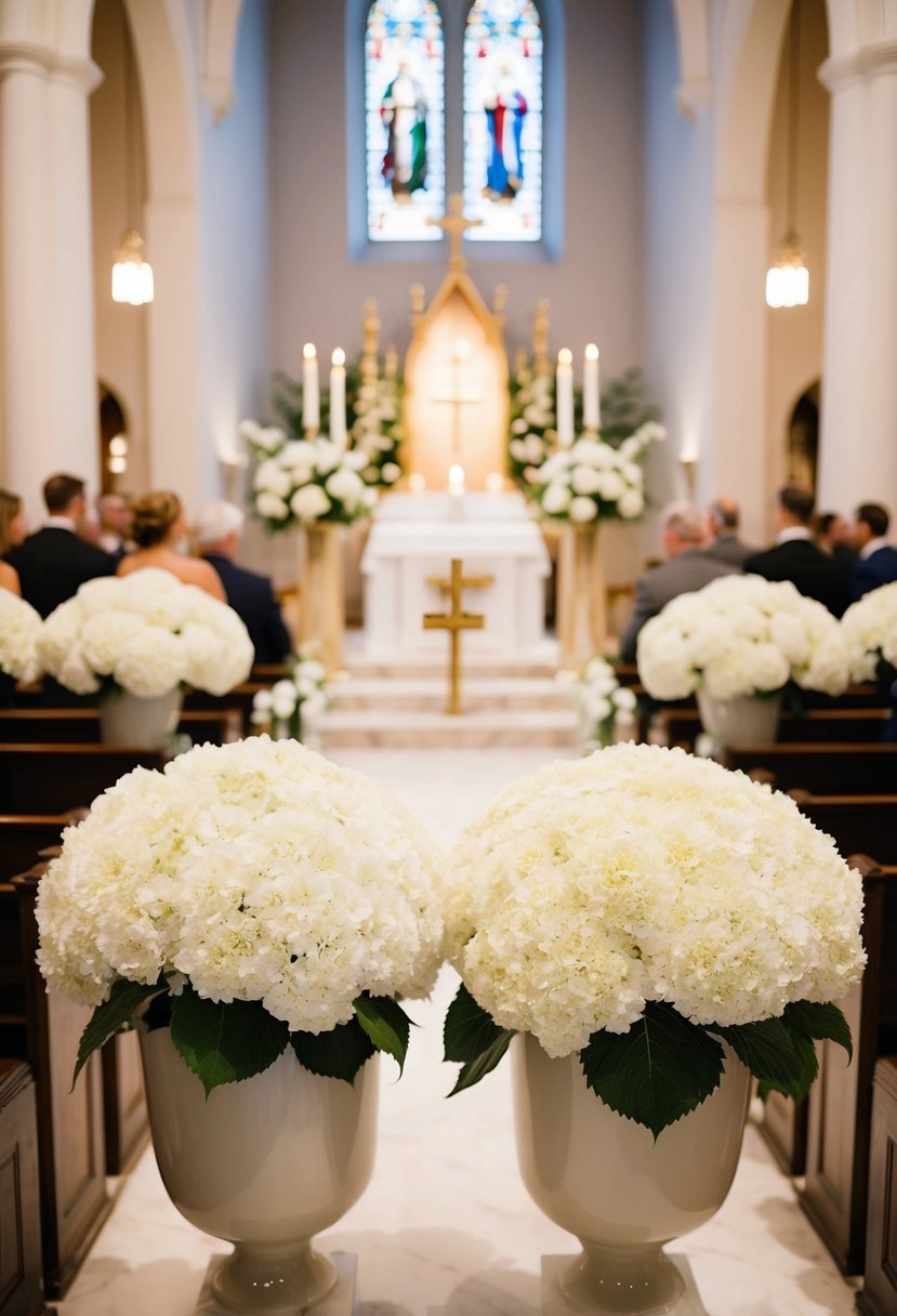 White hydrangeas arranged in large vases at a church altar, creating an elegant and romantic atmosphere for a wedding ceremony