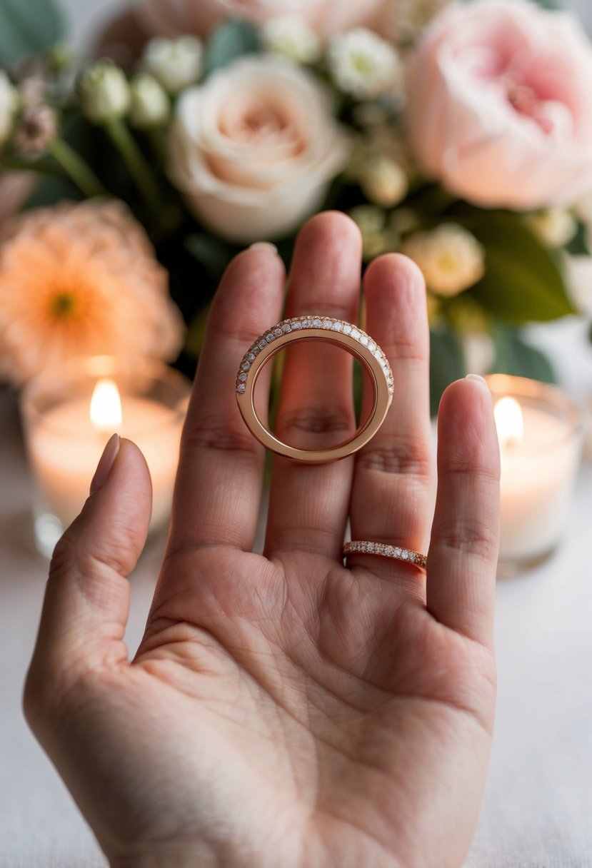 A hand holding a rose gold wedding band with inlaid diamonds, set against a soft, romantic background of flowers and candles