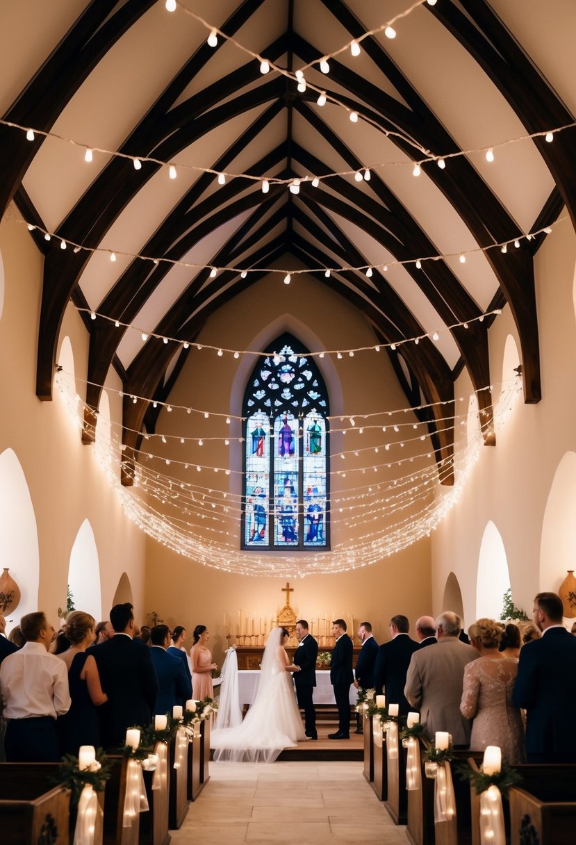 Fairy lights crisscross the high church ceiling, casting a warm and romantic glow over the wedding ceremony below