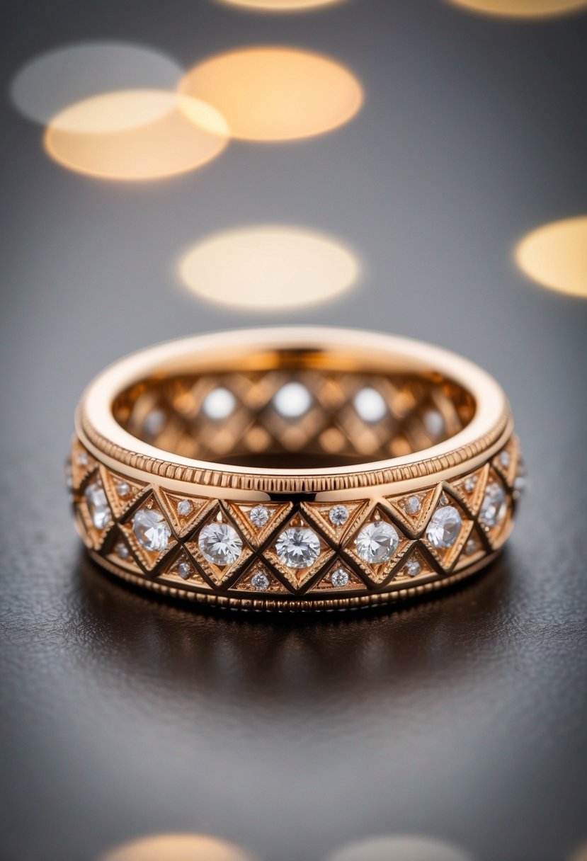 A close-up of a vintage-inspired Art Deco wedding band ring with intricate geometric patterns and sparkling gemstones set in a warm, gold-toned metal