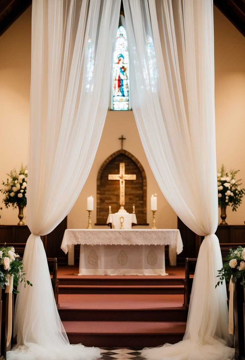 Draped tulle fabric cascades from the altar, softening the edges and adding a romantic touch to the church wedding setting