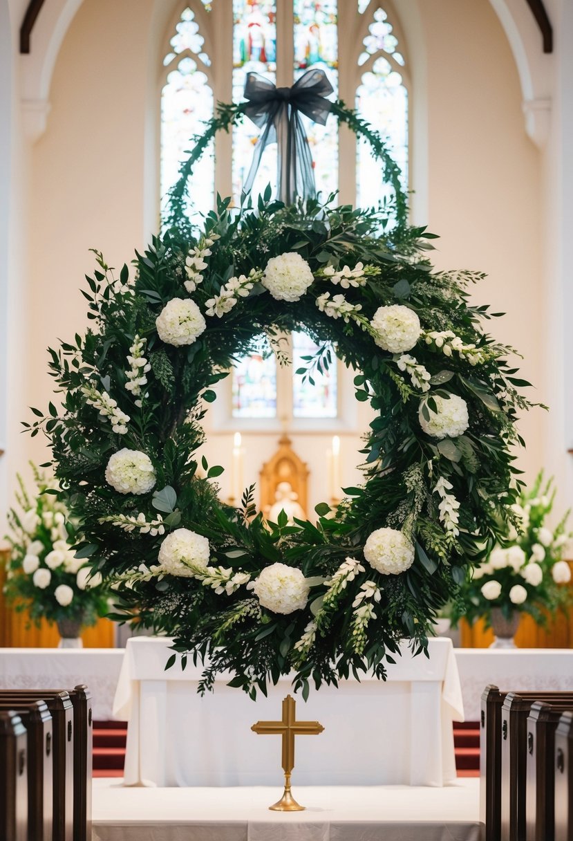 A grand monochromatic wreath hangs above the church altar, adorned with lush greenery and delicate white flowers, creating an elegant focal point for a wedding ceremony