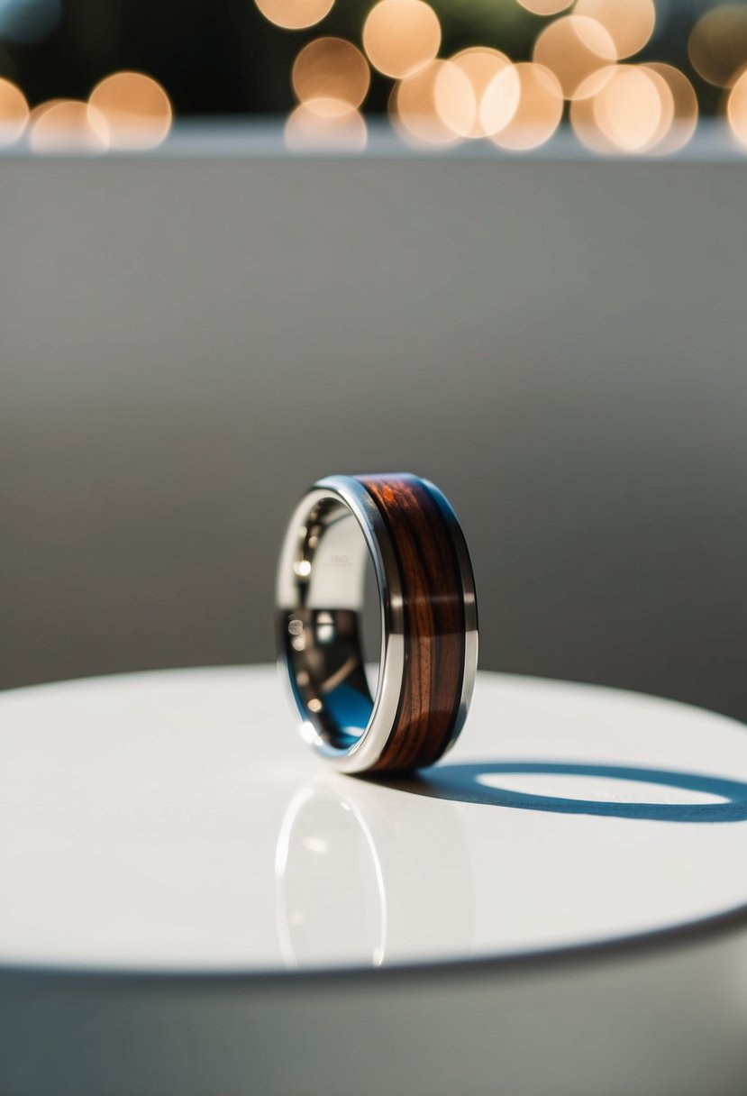 A titanium band with a wood inlay wedding ring displayed on a clean, modern surface with soft, natural lighting