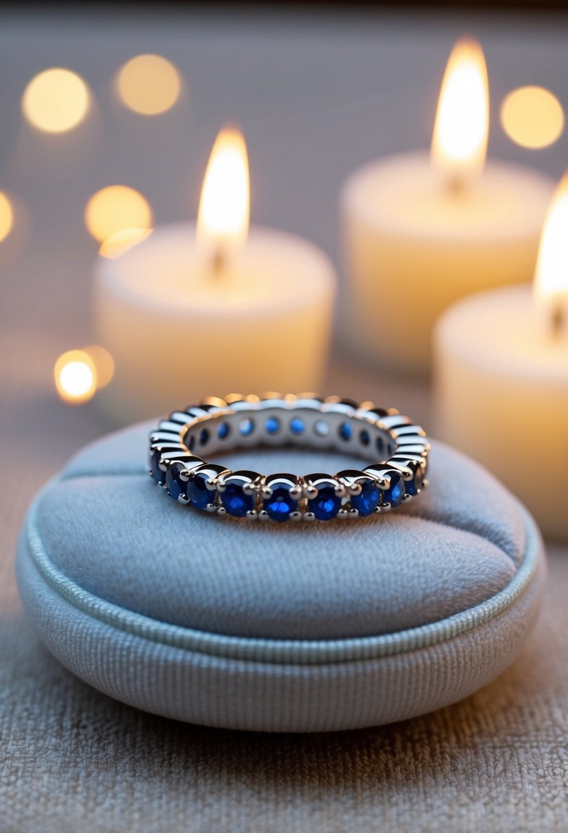 A white-gold eternity band with sapphire accents, resting on a velvet cushion, surrounded by soft candlelight