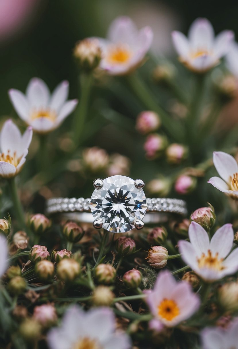 A sparkling diamond ring nestled in a bed of delicate flowers