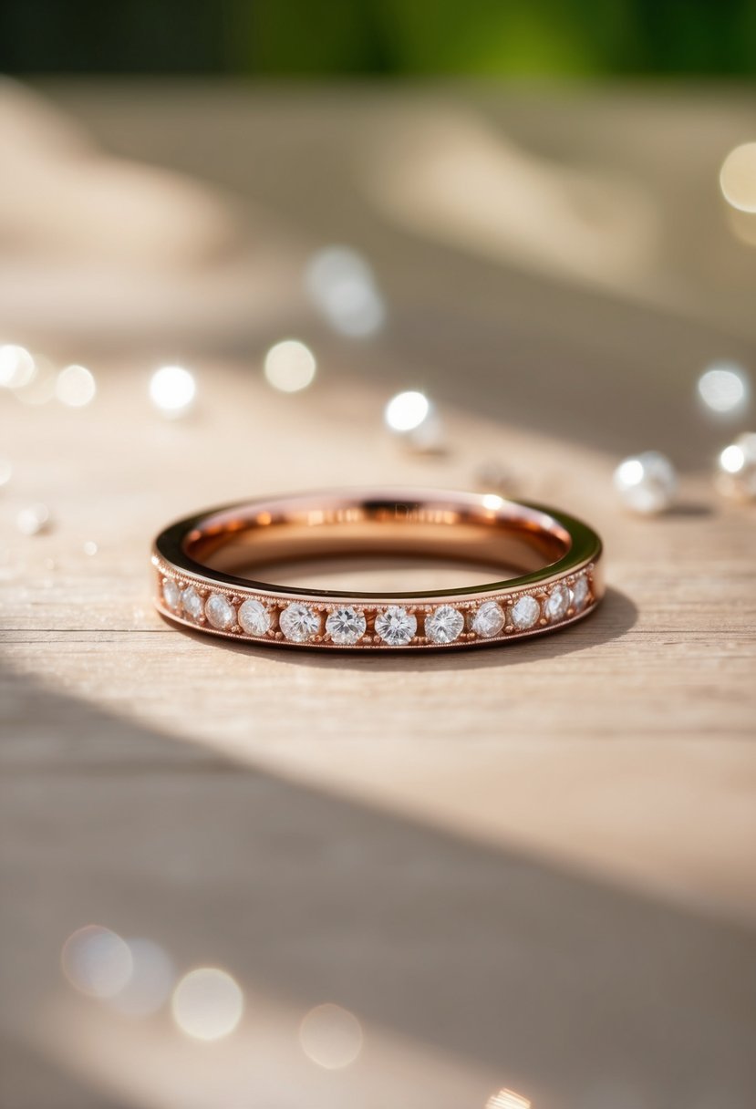 A rose gold band with diamond accents, shining under soft natural light