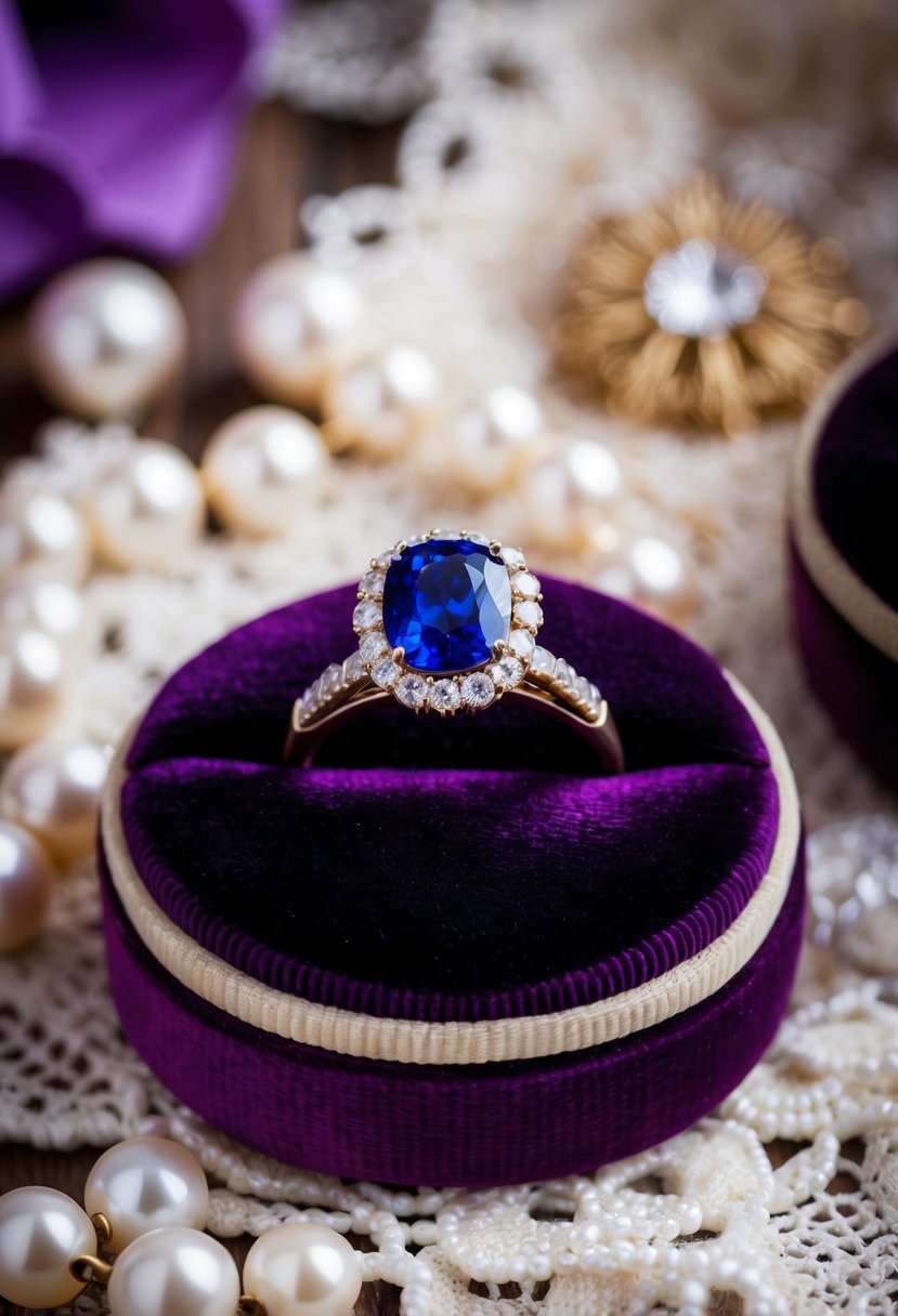 A vintage-inspired sapphire ring on a velvet cushion with antique lace and pearls