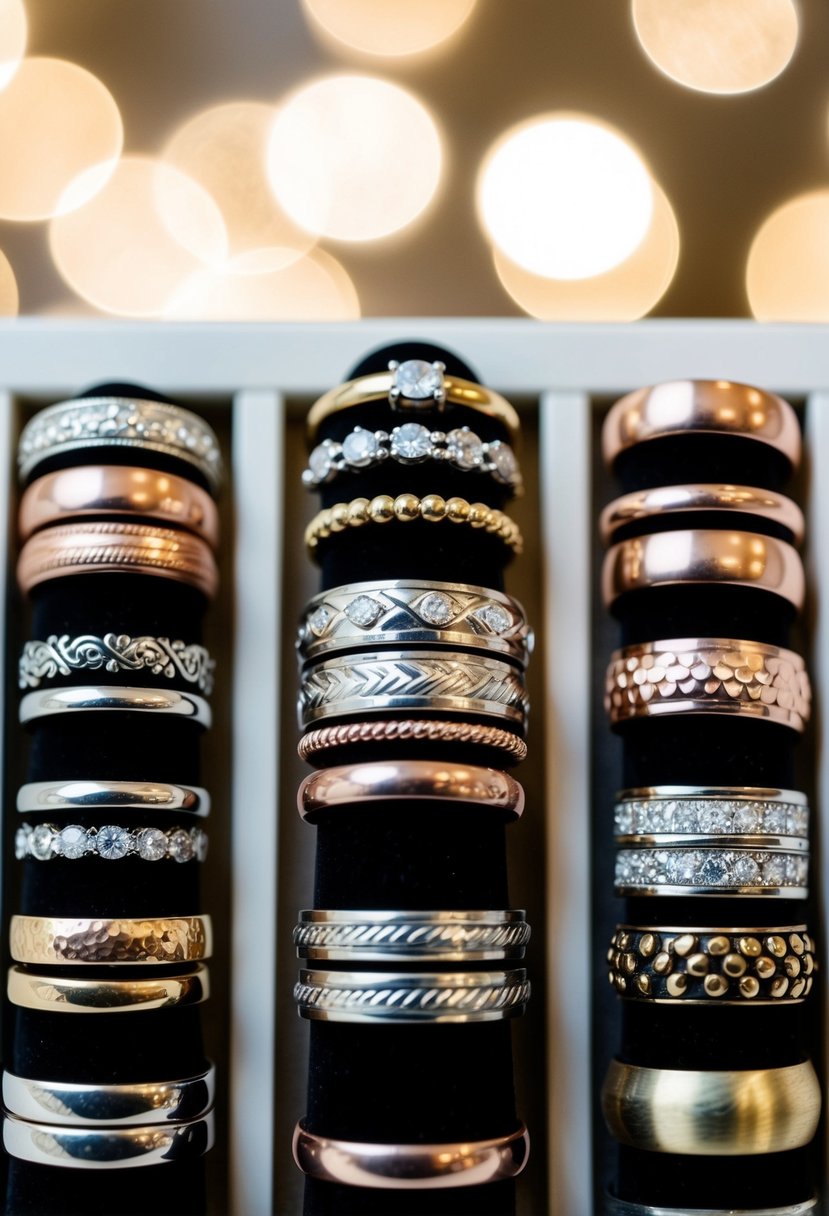 A collection of mixed metal stacking bands arranged in an elegant display, showcasing various designs and textures for wedding ring ideas